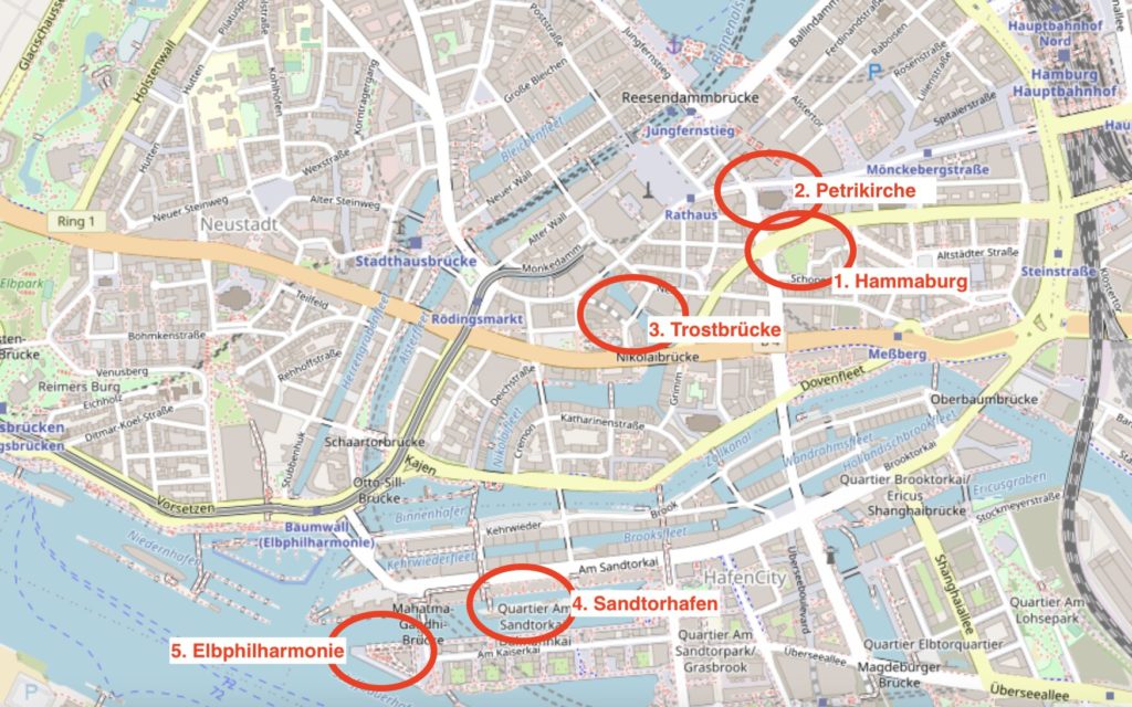Karte meines Rundgangs durch Hamburg